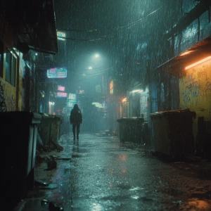 Cyberpunk city street. Medium shot. A lone figure in tattered ho...