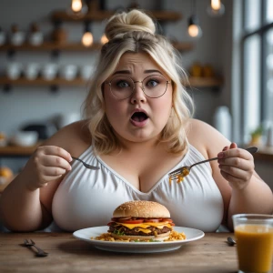 a girl plus size chubby sitting at a table eating with her belly...