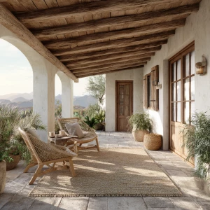 Create a realistic image of an outdoor veranda featuring wooden...