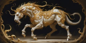A monstrously beautiful Lovecraftian gilded centaur, its twisted...