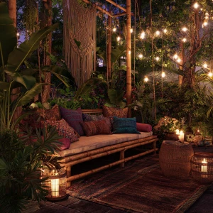 Create a serene outdoor garden lounge featuring bamboo furniture...