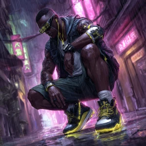 A cyberpunk street warrior, a fit Nigerian man in his late twent...