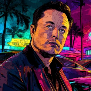 Elon Musk in GTA art style,  , gta style illustration, neon ligh...