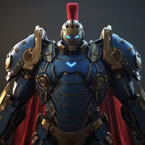 Photorealistic giant cybernetic warrior in heavy power armor, bl...