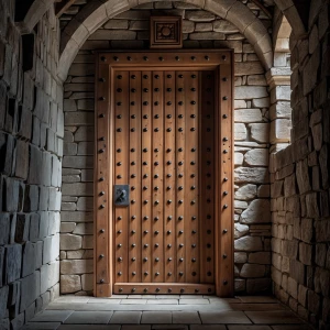 Generate a high-resolution image of a medieval wooden castle doo...