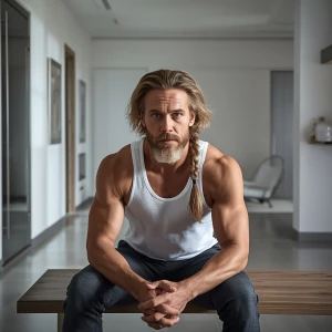 Capture a professional lifestyle image of a 50-year-old athletic...