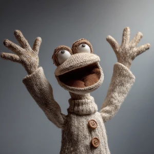 Same puppet as reference now smiling with arms raised