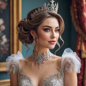 Give an evening gown hair tied up in a nice style and a crown on...