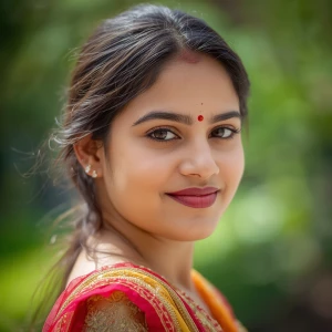 A naturalistic portrait of a young South Asian woman in her earl...