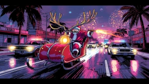 GTA Vice City loading screen artwork: Dramatic vignette of Santa...