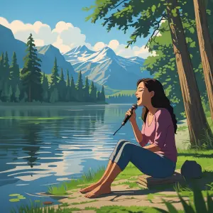 Create a stop motion animation of a woman sitting next to a lake...