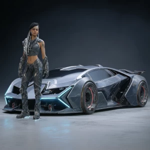 Ultra-realistic 3D render of a confident, sleek female cyberpunk...