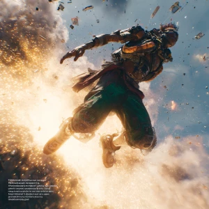 “A cyberpunk Nigerian warrior launches from a shattered rooftop,...