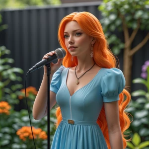 create a 3d picture of a woman with mic in a lightblue dress wit...