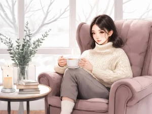 Soft pastel illustration with a light watercolor touch, cozy win...