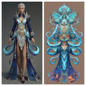 Generate an image of a woman wearing a detailed and elaborate Sy...