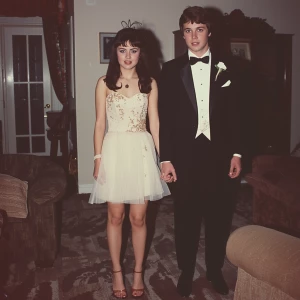 a retro-style image depicting a popular brunette on Prom Night i...