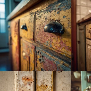 Capture a detailed close-up of aged kitchen cabinets showing gre...