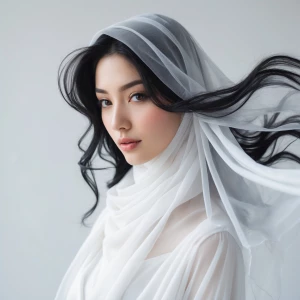 A graceful young woman with flowing black hair, adorned in a del...