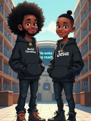 Create a photorealistic cartoon-style caricature featuring two A...