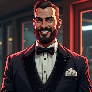 White muscular thin man with beard, big chin, smile and cheekbon...