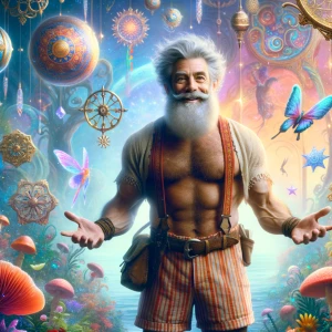 A bodybuilder gray haired man with beard hairy chest shorts with...