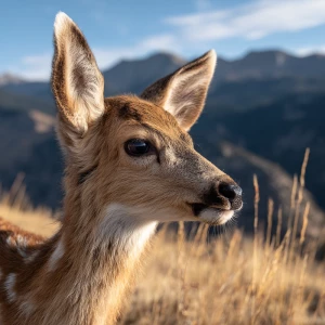 Close-up 16:9 cinematic shot of baby fawn lifting her head towar...