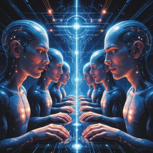 An electrically charged scene unfolds in a technologically advan...