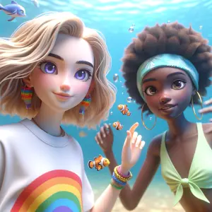 Anime styled girls underwater in a giant aquarium, one with a ra...