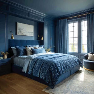 Ultra-realistic photograph of a bold color-drenched bedroom, ful...