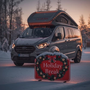 A modern Ford Transit Custom Nugget camper van parked in a snowy...