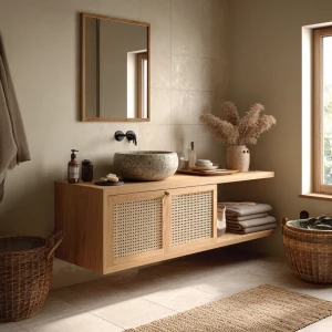 Generate a detailed and realistic image of a small Japandi-style...