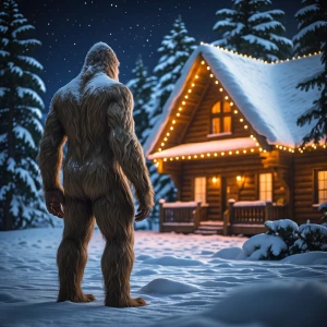 A humanoid looking hair covered Sasquatch is standing in the dar...