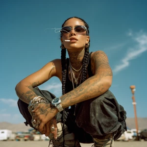 Young Moroccan woman, black hair in braids, built like mountain...