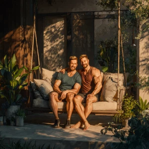 Two muscular men sitting close together on a porch swing in fron...