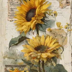 Vintage sunflower junk journal page, layered shabby papers with...