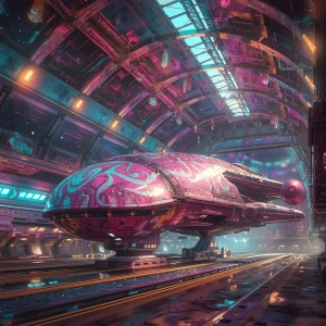 A luminously painted cosmic starship hangar, where every surface...