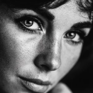 Ultra realistic big close-up portrait of Elizabeth Taylor, black...