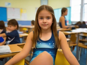 A teenage girl sitting in front of me viibrant swimsuit, middle...