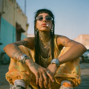 Young Moroccan woman, black hair in braids, built like mountain...