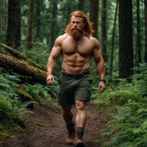 Generate an image of a rugged, muscular man with a shirtless hai...