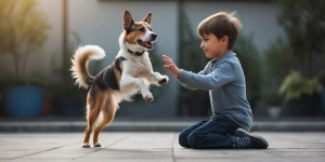 A boy with acrobatic dog