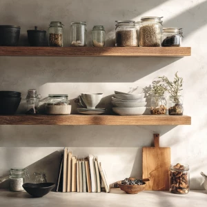 Create a modern kitchen setting with open shelving decorated wit...