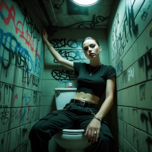 Ultra-realistic 8K photo, gritty underground restroom covered in...