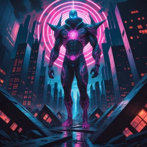 In a nightmarish solarpunk astral projection, a towering figure...