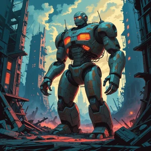 Amidst neon-lit ruins of a cyberpunk lost civilization, a toweri...