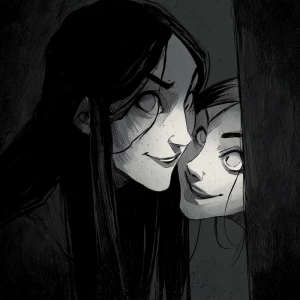 Create a chilling scene with a ghostly woman leaning impossibly...