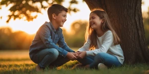 A boy and a girl sitting together under a tree, laughing and hol...