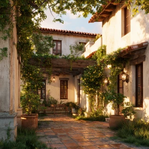 Create an image featuring a Mediterranean-inspired courtyard wit...