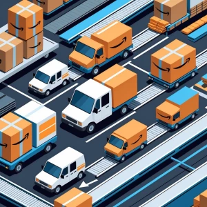 Amazon-themed business illustration showing delivery boxes, ware...